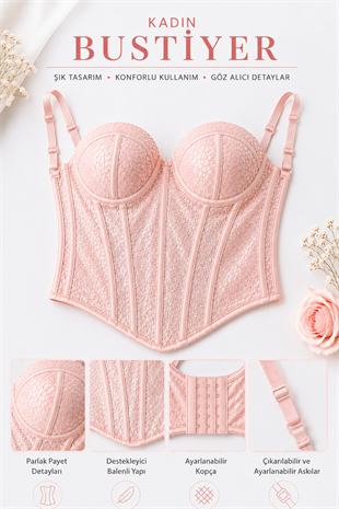 Pembe Renk Pullu Parlak Korse Bustiyer