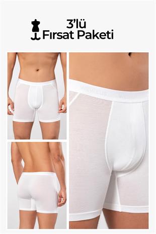 Weweus Beyaz 3lü Micro Modal Premium Erkek Uzun Boxer 14193