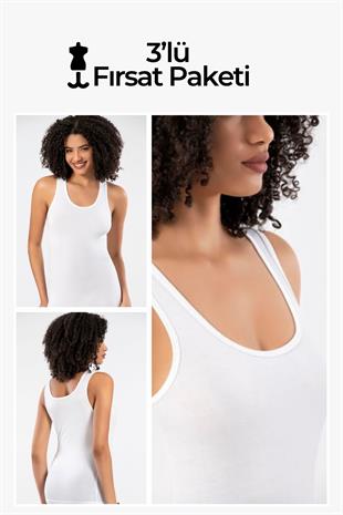 Weweus Beyaz 3lü Micro Modal Premium Kadın Atlet Tshirt Body 21103