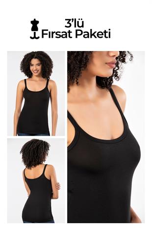 Weweus Siyah 3lü Bayan Süper İnce Doğal Bambu Lüks Askılı Atlet Tshirt Body  231203BMB