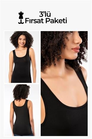 Weweus Siyah 3lü Micro Modal Premium Kadın Atlet Tshirt Body 21103