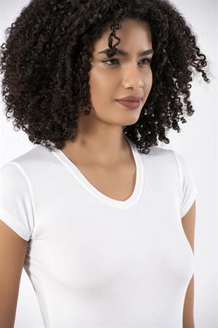 Weweus Beyaz Kadın Süper İnce Doğal Bambu Lüks Tişört 2315