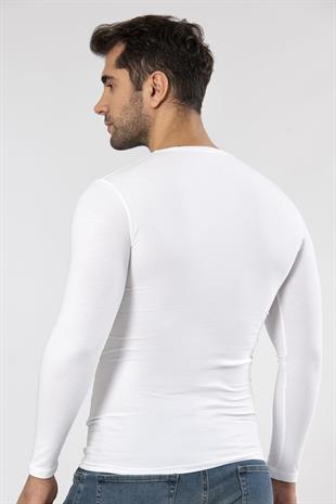Weweus Beyaz Süper İnce Erkek Doğal Bambu Lüks Uzun Kol Tişört 1131