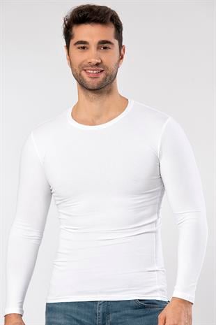 Weweus Beyaz Süper İnce Erkek Doğal Bambu Lüks Uzun Kol Tişört 1131