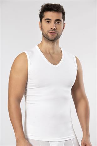 Weweus Beyaz Süper İnce Erkek Doğal Bambu Lüks Kolsuz V Yaka Atlet