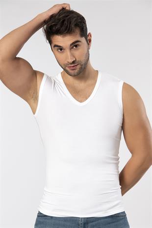 Weweus Beyaz Süper İnce Erkek Doğal Bambu Lüks Kolsuz V Yaka Atlet