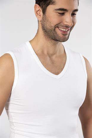 Weweus Beyaz Süper İnce Erkek Doğal Bambu Lüks Kolsuz V Yaka Atlet