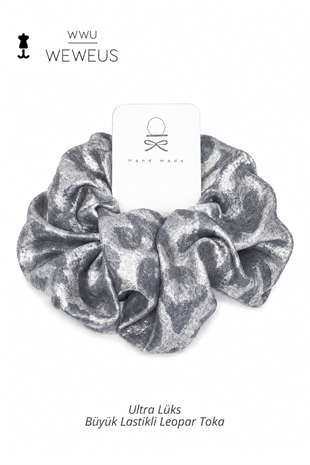 WeWeus Büyük Gri Leopar Premium Saten Lastik Scrunchie Toka