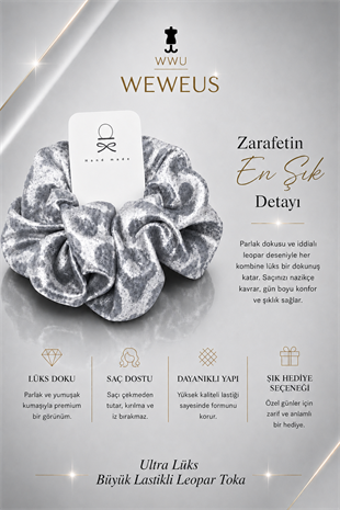 WeWeus Büyük Gri Leopar Premium Saten Lastik Scrunchie Toka
