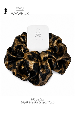 WeWeus Büyük Siyah Gold Leopar Premium Saten Lastik Scrunchie Toka