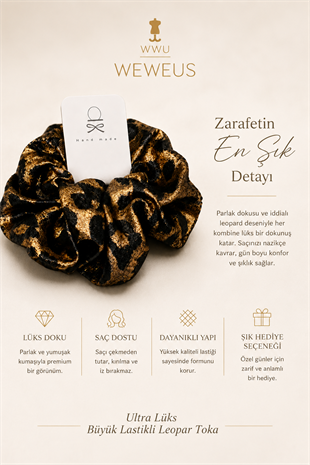 WeWeus Büyük Siyah Gold Leopar Premium Saten Lastik Scrunchie Toka