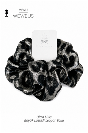 WeWeus Büyük Siyah Gri Leopar Premium Saten Lastik Scrunchie Toka