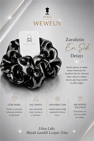 WeWeus Büyük Siyah Gri Leopar Premium Saten Lastik Scrunchie Toka