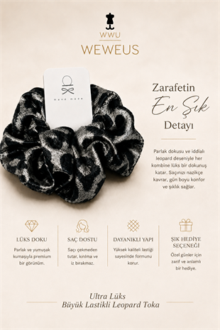 WeWeus Büyük Siyah Gri Leopar Premium Saten Lastik Scrunchie Toka