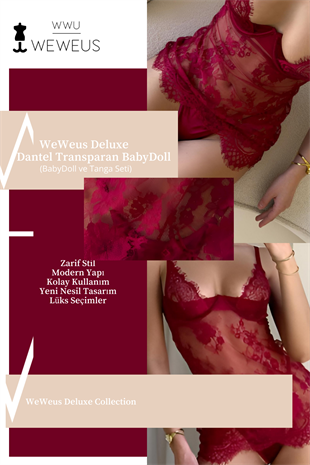 WeWeus Deluxe Bordo Vişne Dantel Transparan Babydoll Fantezi Gecelik ve Tanga Seti 