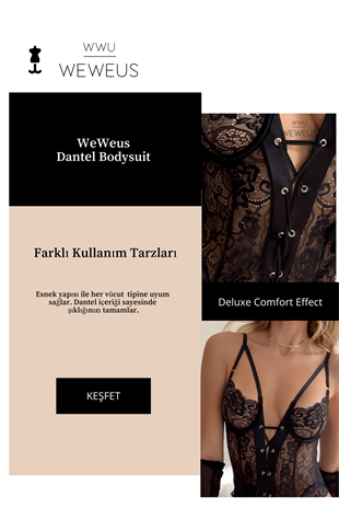 WeWeus Deluxe Siyah Dantel İpli Fantezi BodySuit Eldiven ve Çorap Seti