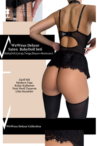 WeWeus Deluxe Siyah Saten Babydoll Fantezi Gecelik Tanga Çorap Boyunluk Seti 