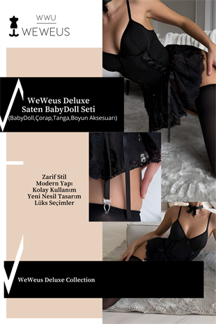 WeWeus Deluxe Siyah Saten Babydoll Fantezi Gecelik Tanga Çorap Boyunluk Seti 