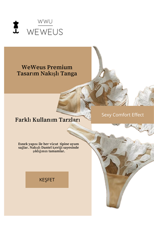 Weweus Ekru Kırık Beyaz Kadın Yaprak Nakışlı Dantelli Tül Lüks Tanga 