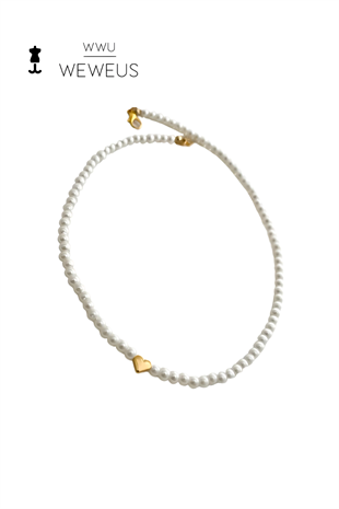 WeWeus Kadın Altın Kalpli Beyaz İnci Mini Kolye