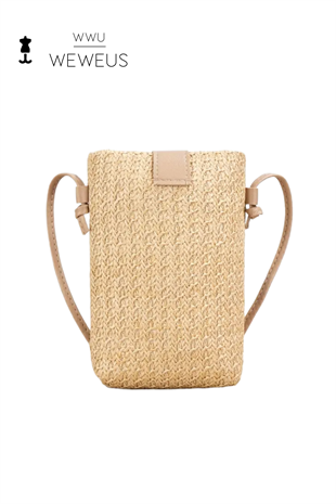 WeWeus Kadın Bej Renk Düz Askılı Hasır Mini Çanta