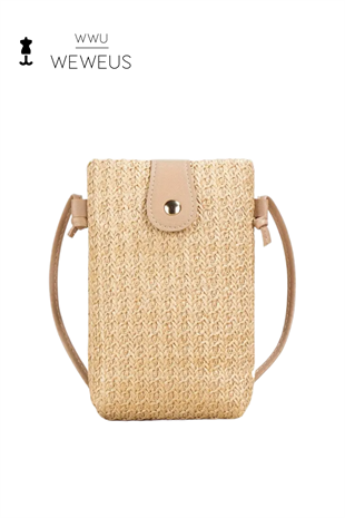 WeWeus Kadın Bej Renk Düz Askılı Hasır Mini Çanta