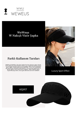 WeWeus Kadın Siyah W Nakışlı Uv Korumalı Tenis Golf Vizör Yazlık Şapka