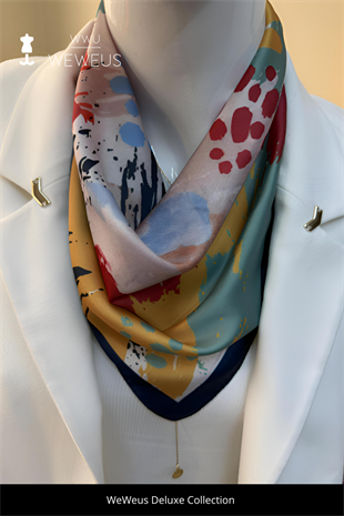 WeWeus Kırmızı Pastel Desen Lüks Saten Bandana Fular