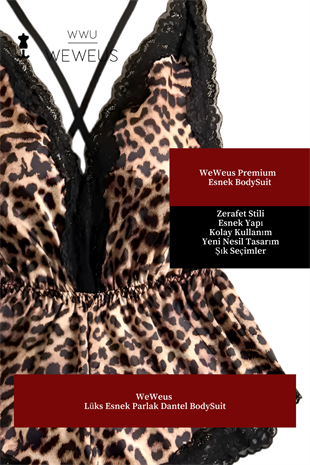 WeWeus Leopar Dantel Esnek Lüks BodySuit Pijama Tulum Gecelik