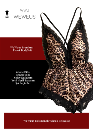 WeWeus Leopar Dantel Esnek Lüks BodySuit Pijama Tulum Gecelik