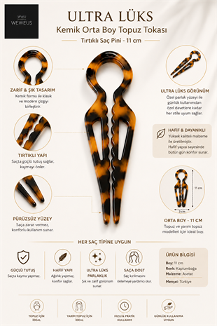 WeWeus Leopar Premium Kemik Topuz Saç Tokası-Saç Pini 11 cm