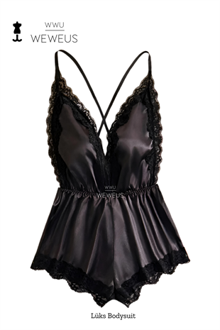 WeWeus Siyah Dantel Esnek Lüks BodySuit Pijama Tulum Gecelik