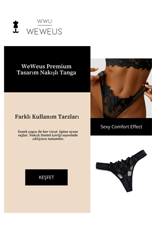 Weweus Siyah Kadın Yaprak Nakışlı Dantelli Tül Lüks Tanga 