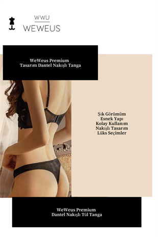 Weweus Siyah Kadın Yaprak Nakışlı Dantelli Tül Lüks Tanga 