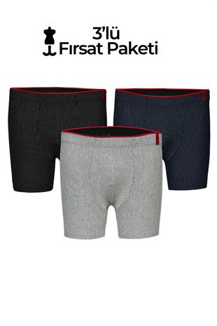 Weweus Siyah Lacivert Gri 3lü Pamuk Elastan Çizgili Boxer 14923