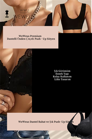 Weweus Siyah Kadın Dantelli Push Up Toparlayıcı Sütyen