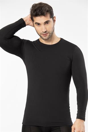 Weweus Siyah Süper İnce Erkek Doğal Bambu Lüks Uzun Kol Tişört 1131