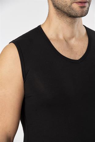 Weweus Siyah Süper İnce Erkek Doğal Bambu Lüks Kolsuz V Yaka Atlet