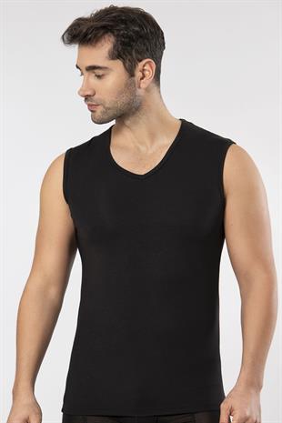 Weweus Siyah Süper İnce Erkek Doğal Bambu Lüks Kolsuz V Yaka Atlet