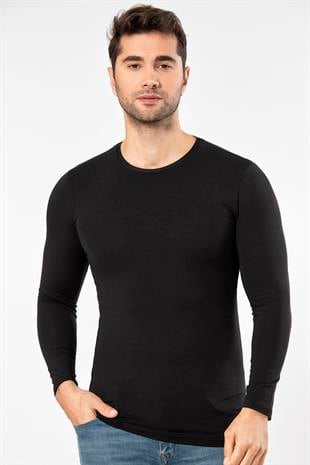 Weweus Siyah Süper İnce Erkek Doğal Bambu Lüks Uzun Kol Tişört 1131