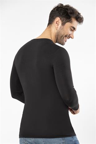 Weweus Siyah Süper İnce Erkek Doğal Bambu Lüks Uzun Kol Tişört 1131