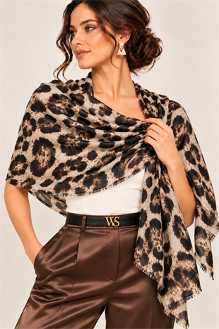 WeWeus Ultra Lüks Bej Leopar Desen Omuz Şalı & Fular & Baş Örtüsü 90x180 cm