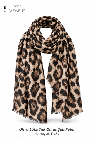WeWeus Ultra Lüks Bej Leopar Desen Omuz Şalı & Fular & Baş Örtüsü 90x180 cm