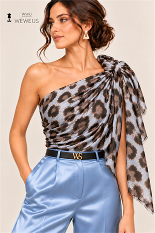 WeWeus Ultra Lüks Mavi Gri Leopar Desen Omuz Şalı & Fular & Baş Örtüsü 90x180 cm