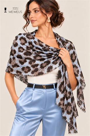 WeWeus Ultra Lüks Mavi Gri Leopar Desen Omuz Şalı & Fular & Baş Örtüsü 90x180 cm