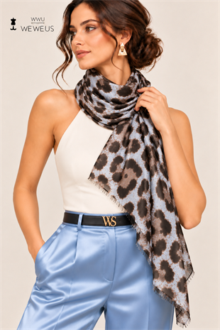 WeWeus Ultra Lüks Mavi Gri Leopar Desen Omuz Şalı & Fular & Baş Örtüsü 90x180 cm