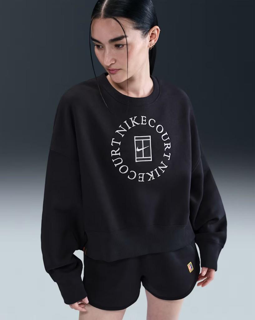 NikeCourt HJ8988-010 Heritage Phoenix Fleece Ekstra Bol Kesim Sıfır Yaka Kadın Sweatshirt - Siyah