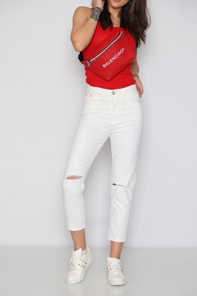 Mom Style Diz Yırtık Detay Jean Beyaz