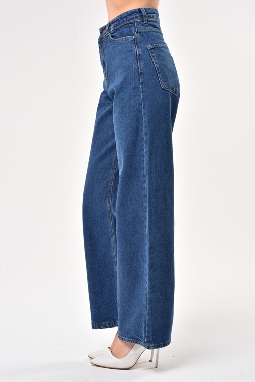 Bel Detaylı Yüksek Bel 90's Wide Leg Jeans Koyu Mavi