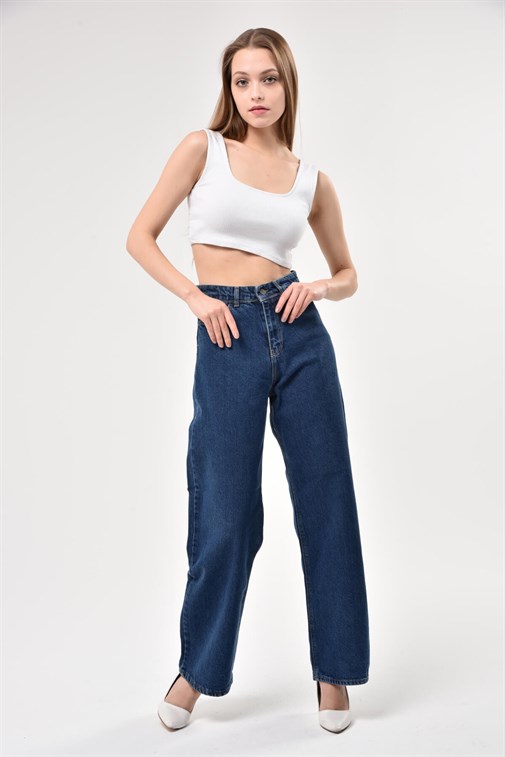 Bel Detaylı Yüksek Bel 90's Wide Leg Jeans Koyu Mavi
